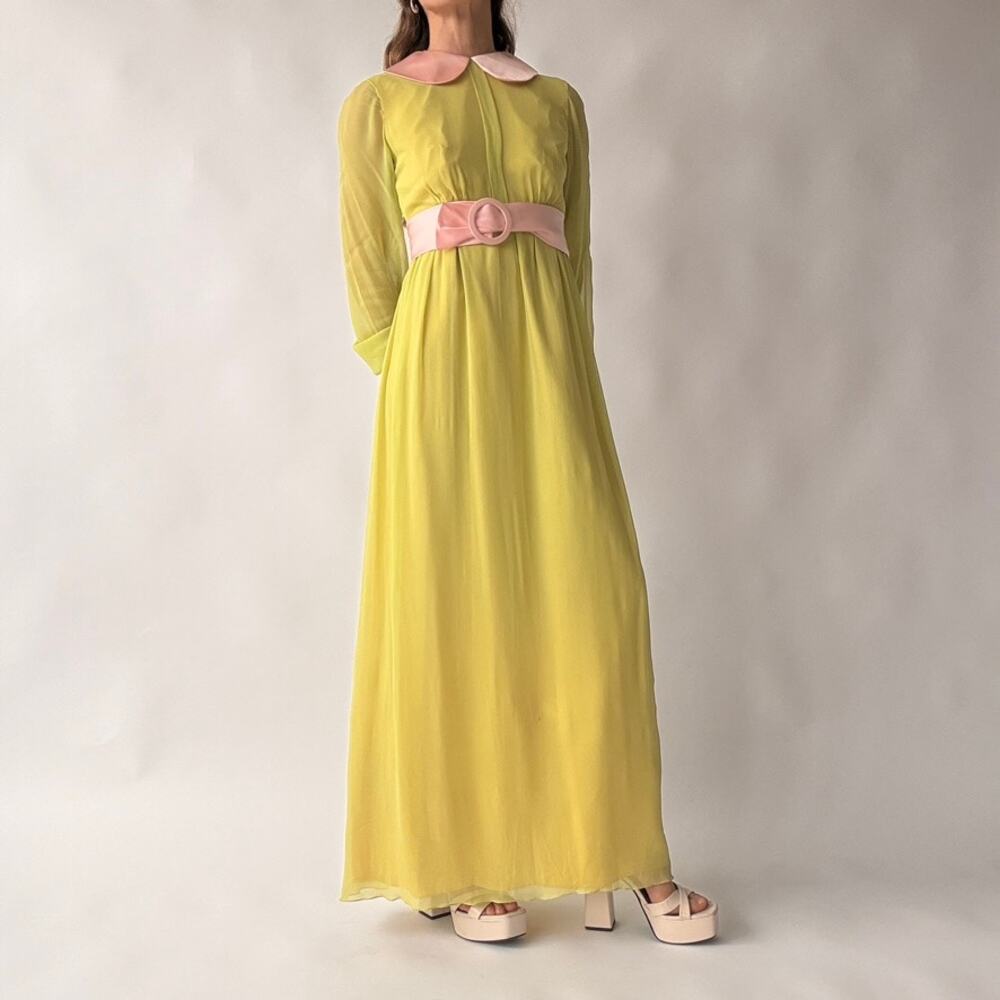 Vintage 60s/70s Chartreuse Peter Pan Collar Maxi Dress w/ Belt